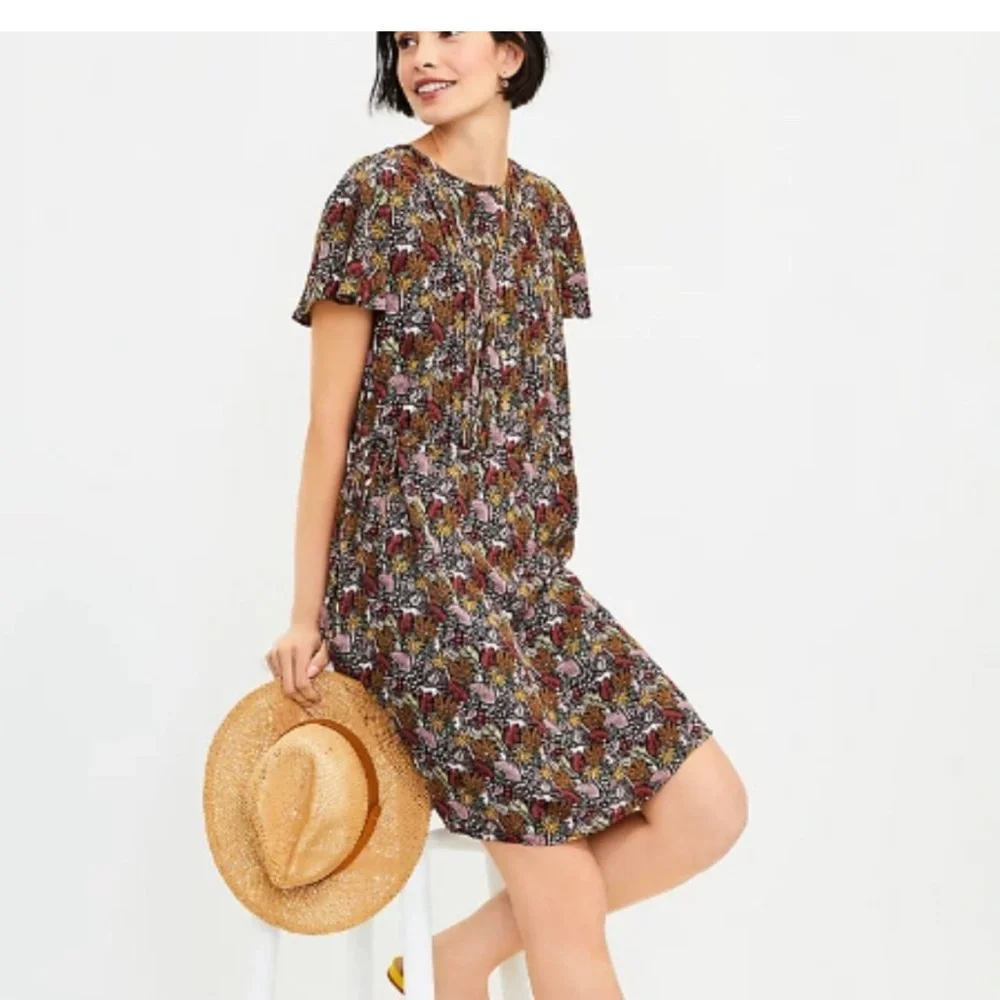 Ann Taylor LOFT Paradise Lost Jungle Safari Dress Pintuck Size Large Brown Pink - Picture 1 of 13